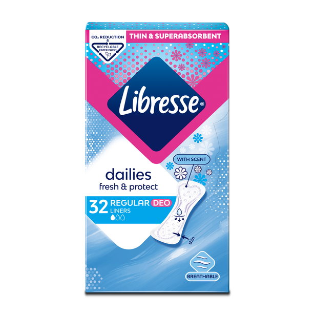 Packet of Libresse Dailies Extra Protection Extra Long Liners on swirling galaxy backgroun